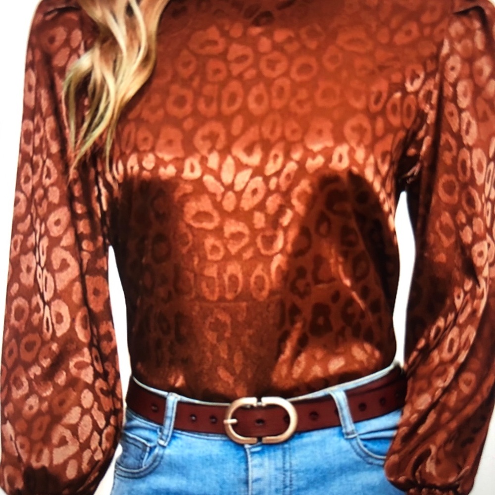 Satin Leopard Jacquard Blouse in Rust Color